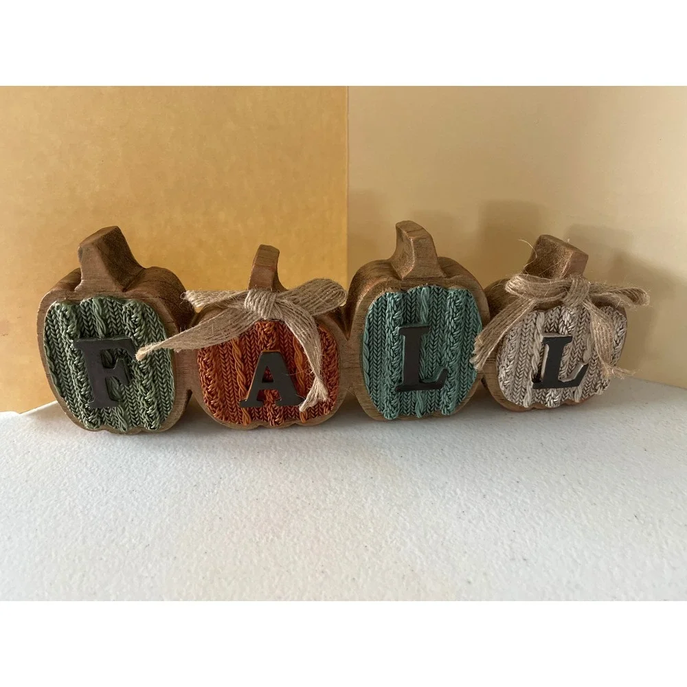 Rustic Fall Pumpkin Block Sign Tabletop Decor Wood Look Knit Texture Jute Bows